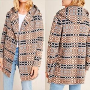 Field & Flower Anthropologie Plaid 100% Wool Hooded Longline Open Cardigan L